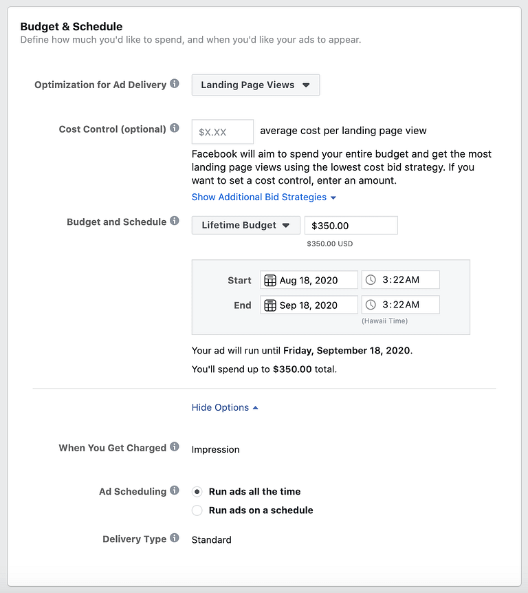 how to set budget facebook ads